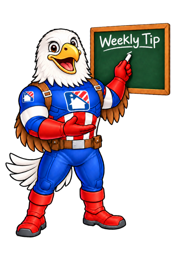 Liberty standing to the left and writing on a small chalkboard labeled Weekly Tip